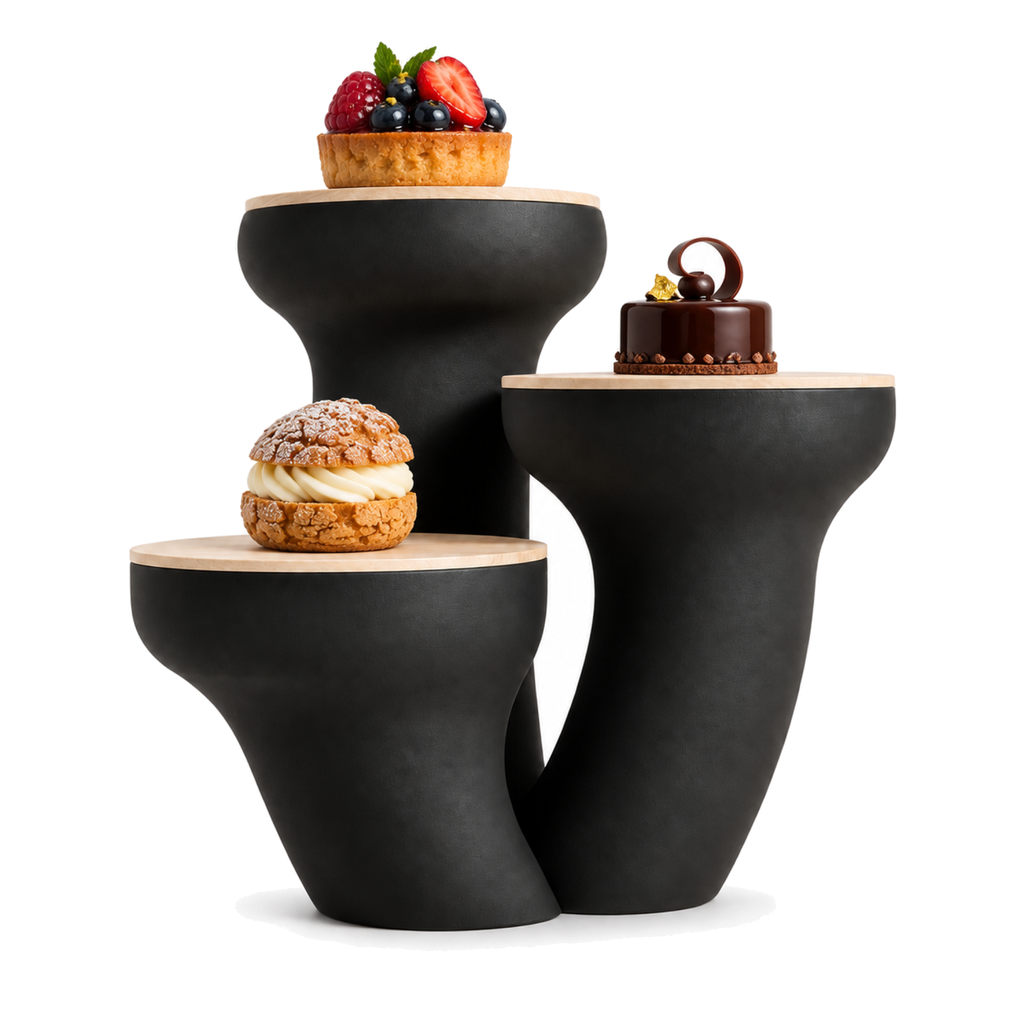 Ancona 3-tier Dessert Stand – black front view with pastries ancona 3 tier dessert stand