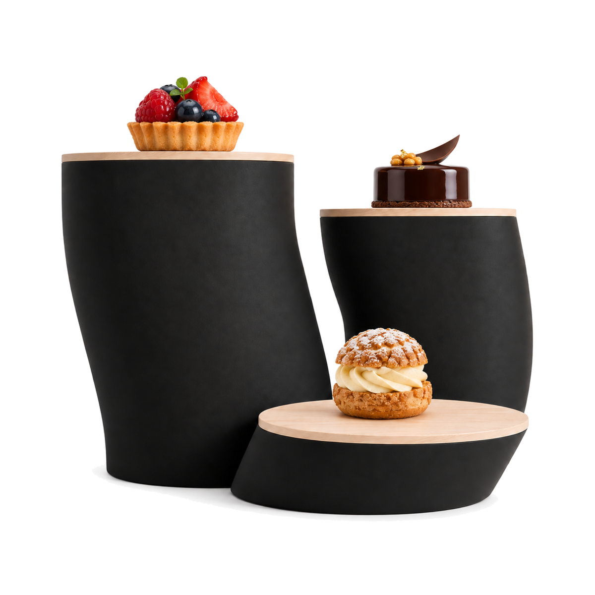 Sassotetto Serving Stand – black front view with pastries sassotetto serving stand