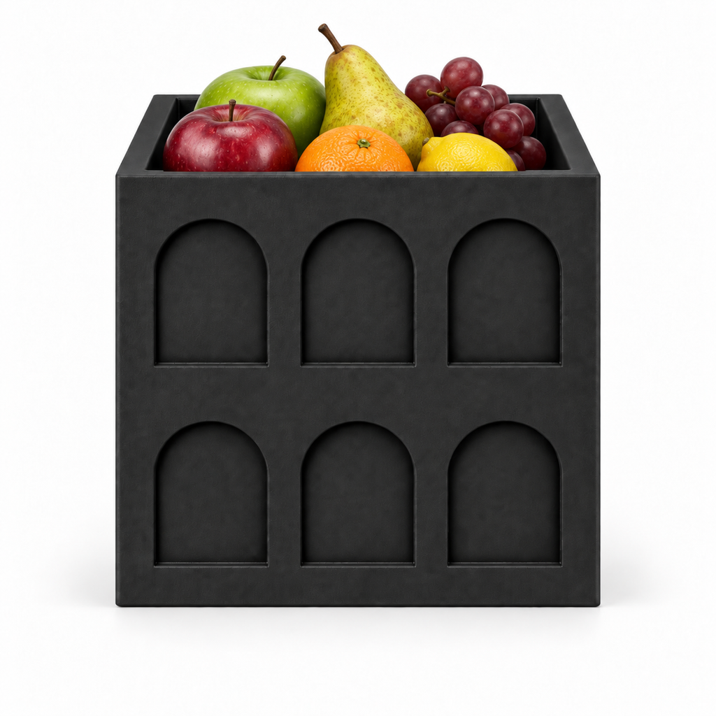 Square Colosseum Fruit Bowl – black front with fruit square colosseum fruit bowl