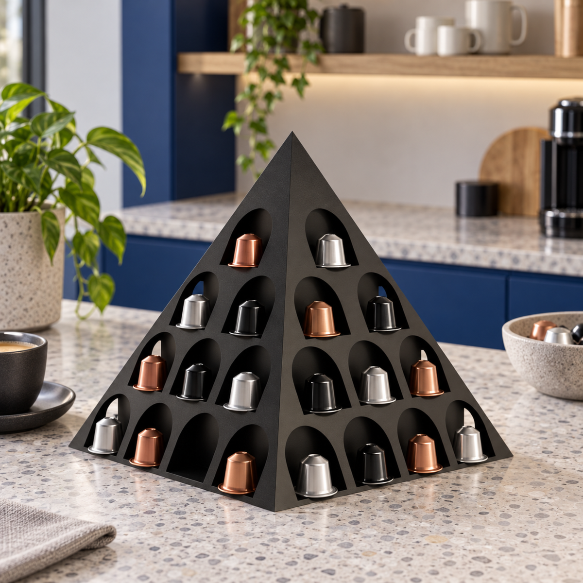 Fiastra Pyramid Nespresso Capsule Organizer – black lifestyle blue coffee lounge pyramid nespresso capsule holder