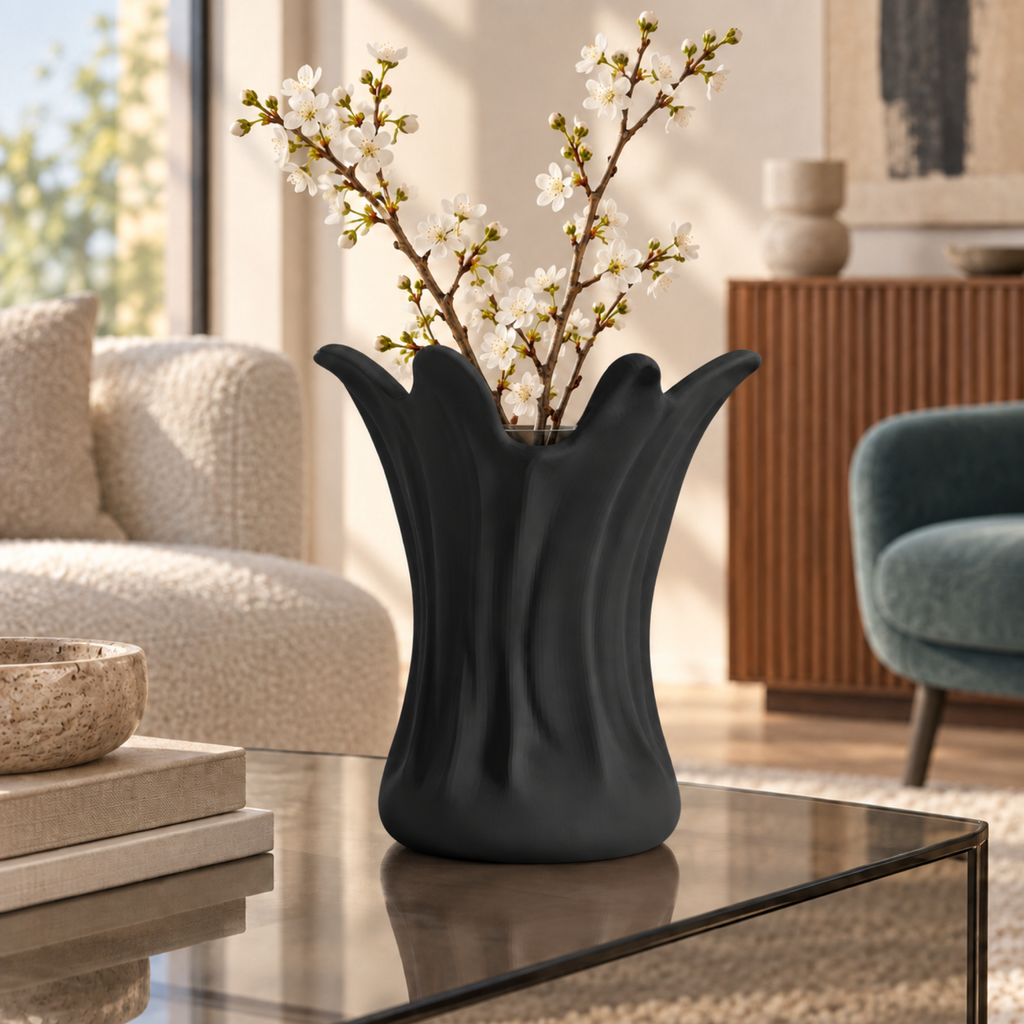 Ondara Sculptural Vase – black lifestyle glass living room ondara sculptural vase