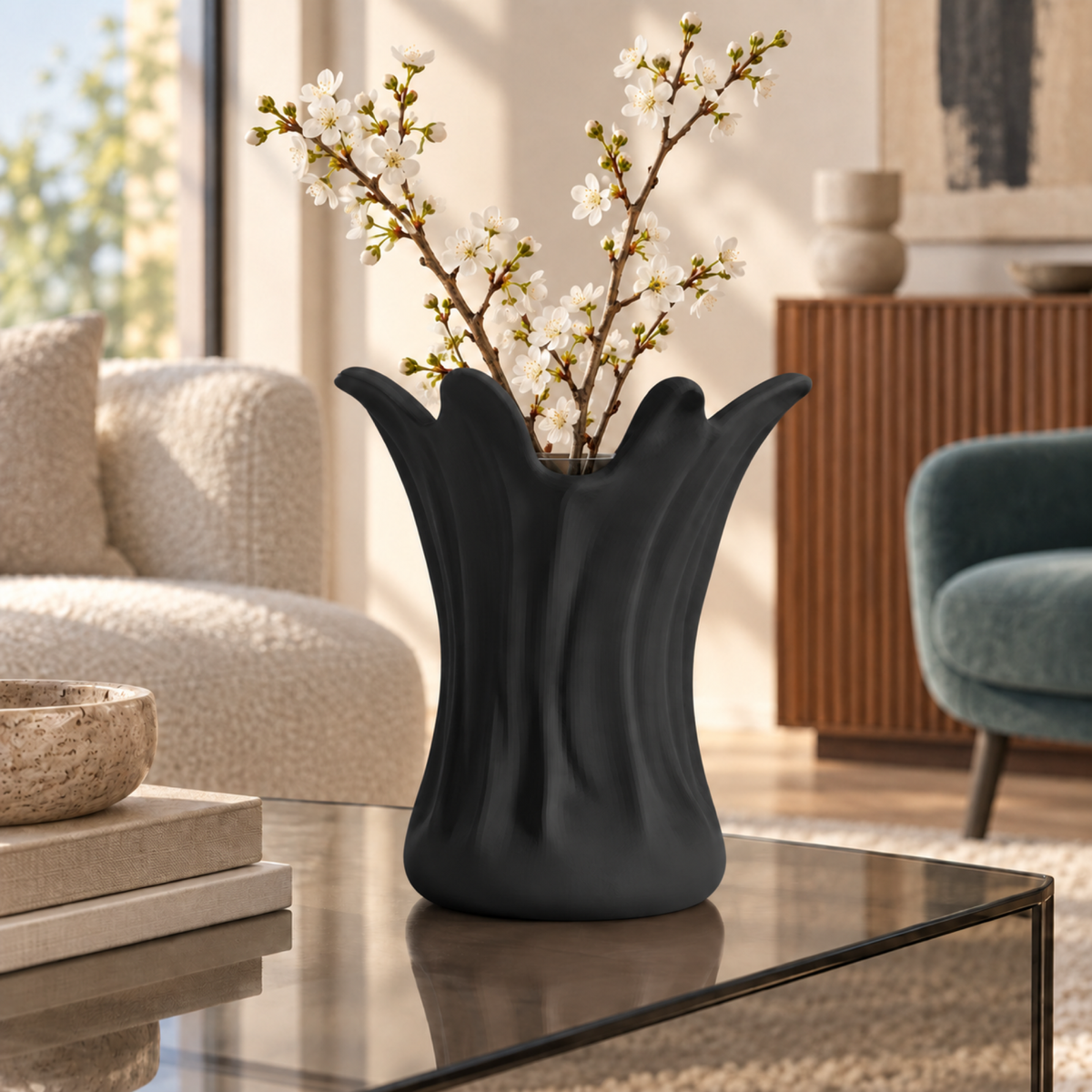 Ondara Sculptural Vase – black lifestyle glass living room ondara sculptural vase