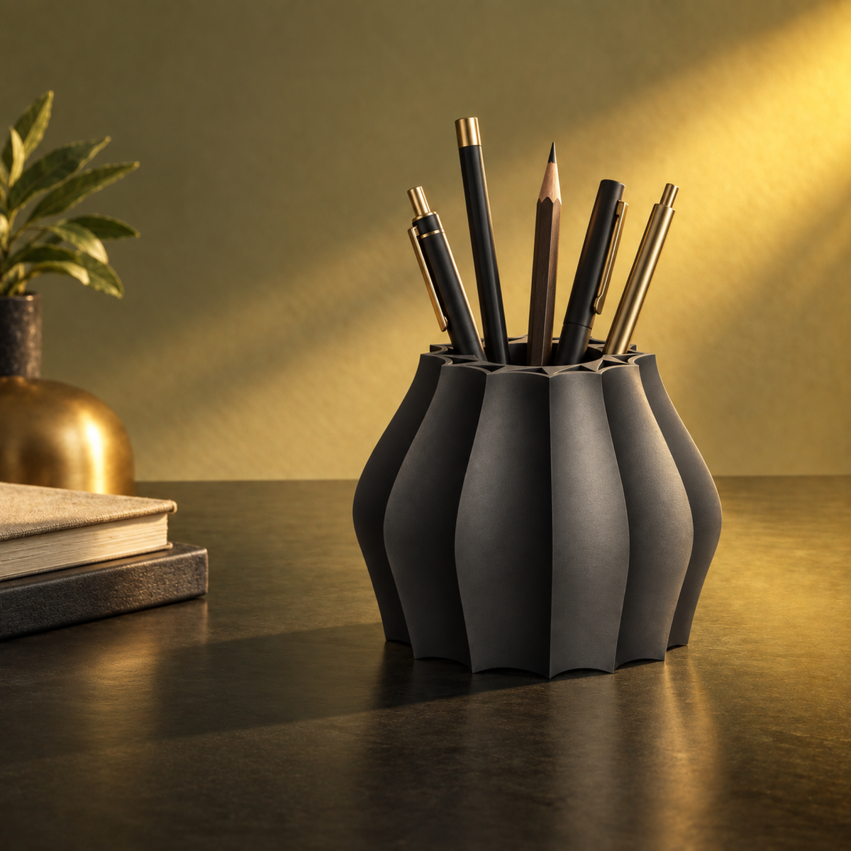 Marovique Pen Holder – black lifestyle golden minimal marovique pen holder