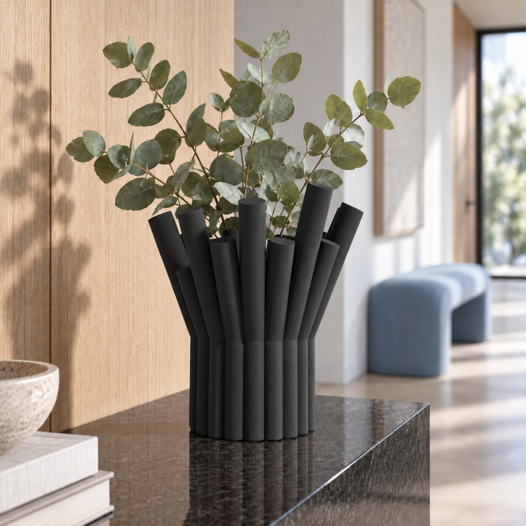 Rivolo Sculptural Vase – black lifestyle oak hallway rivolo sculptural vase