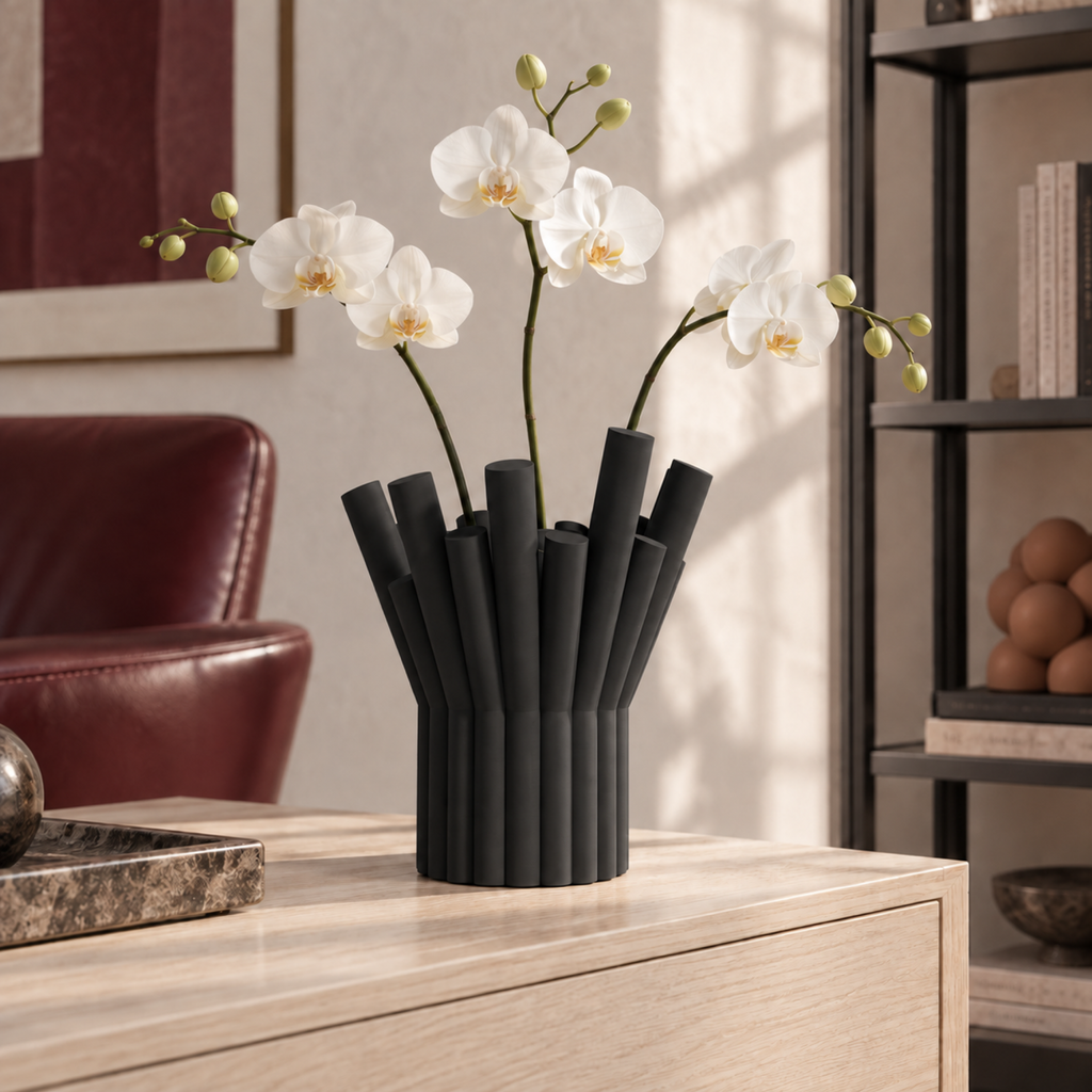 Rivolo Sculptural Vase – black lifestyle reading room rivolo sculptural vase