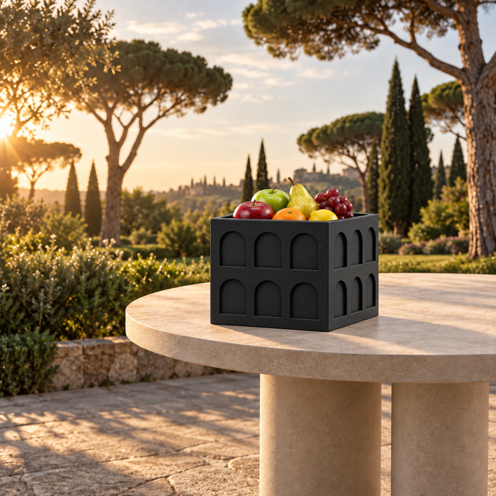 Square Colosseum Fruit Bowl – black lifestyle roman garden square colosseum fruit bowl