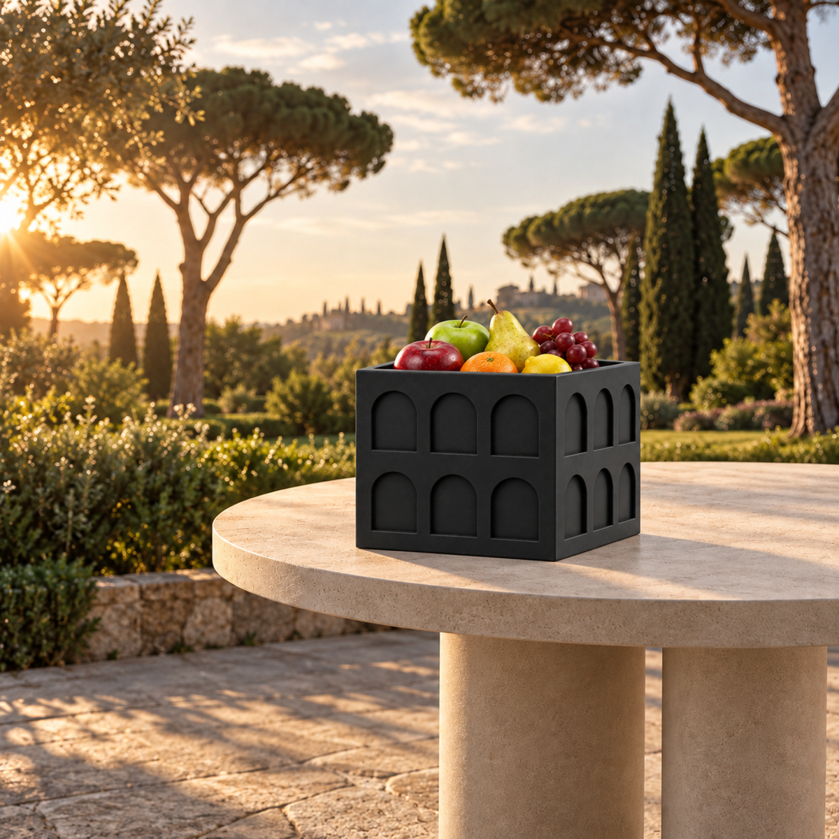 Square Colosseum Fruit Bowl – black lifestyle roman garden square colosseum fruit bowl