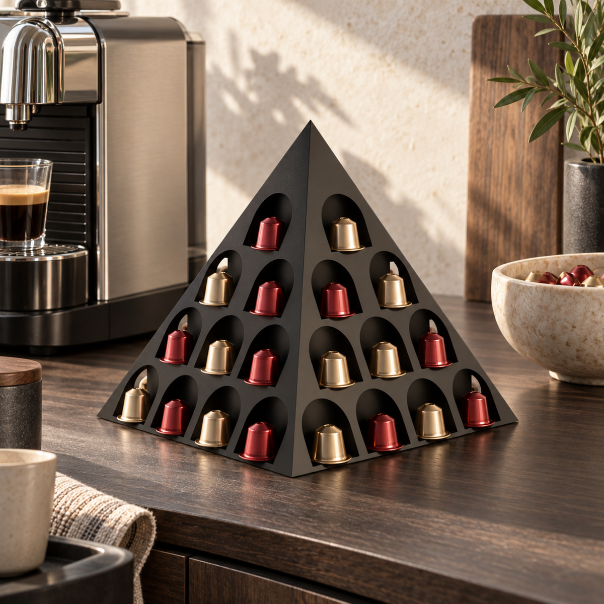 Fiastra Pyramid Nespresso Capsule Organizer – black lifestyle smoked oak coffee station pyramid nespresso capsule holder