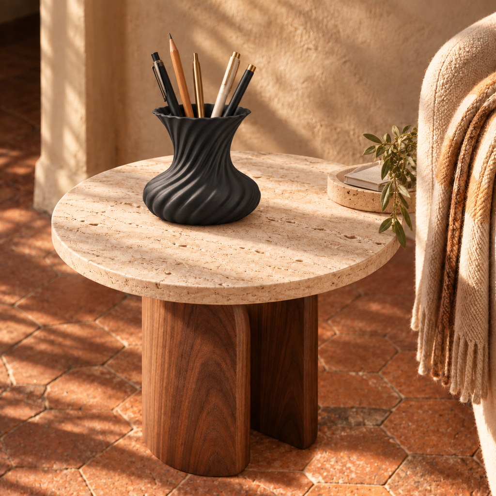 Molisara Pen Holder – black lifestyle travertine side table molisara pen holder