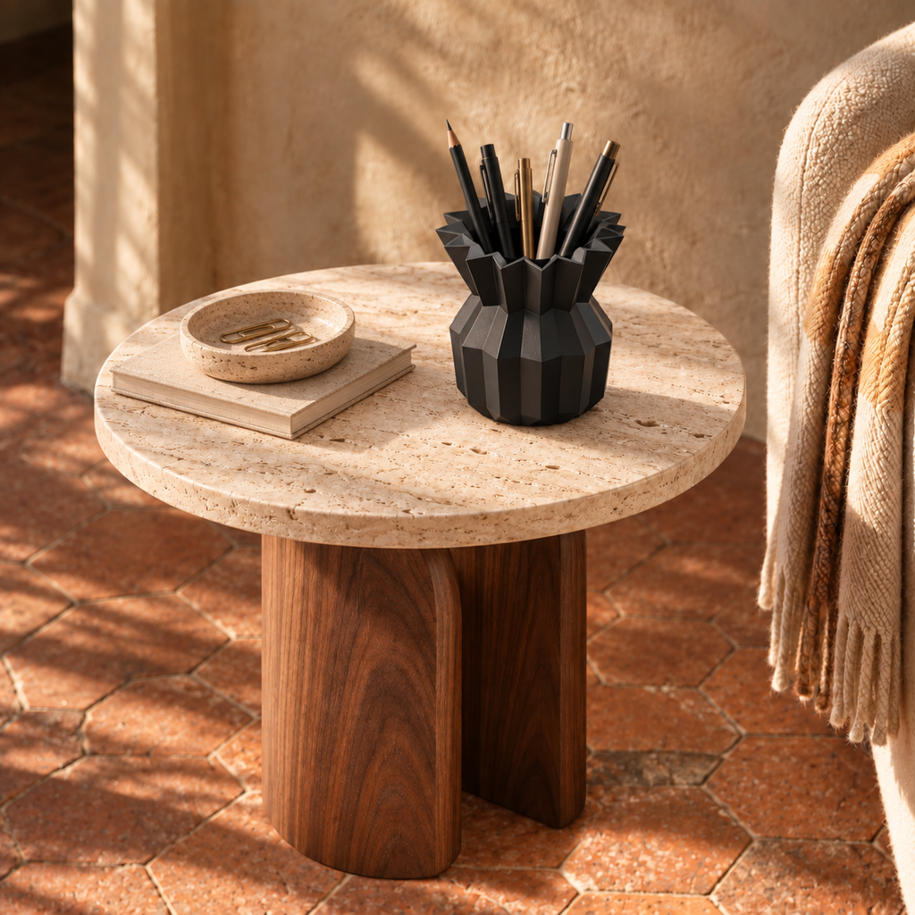 Ostivara Pen Holder – black lifestyle travertine side table ostivara pen holder