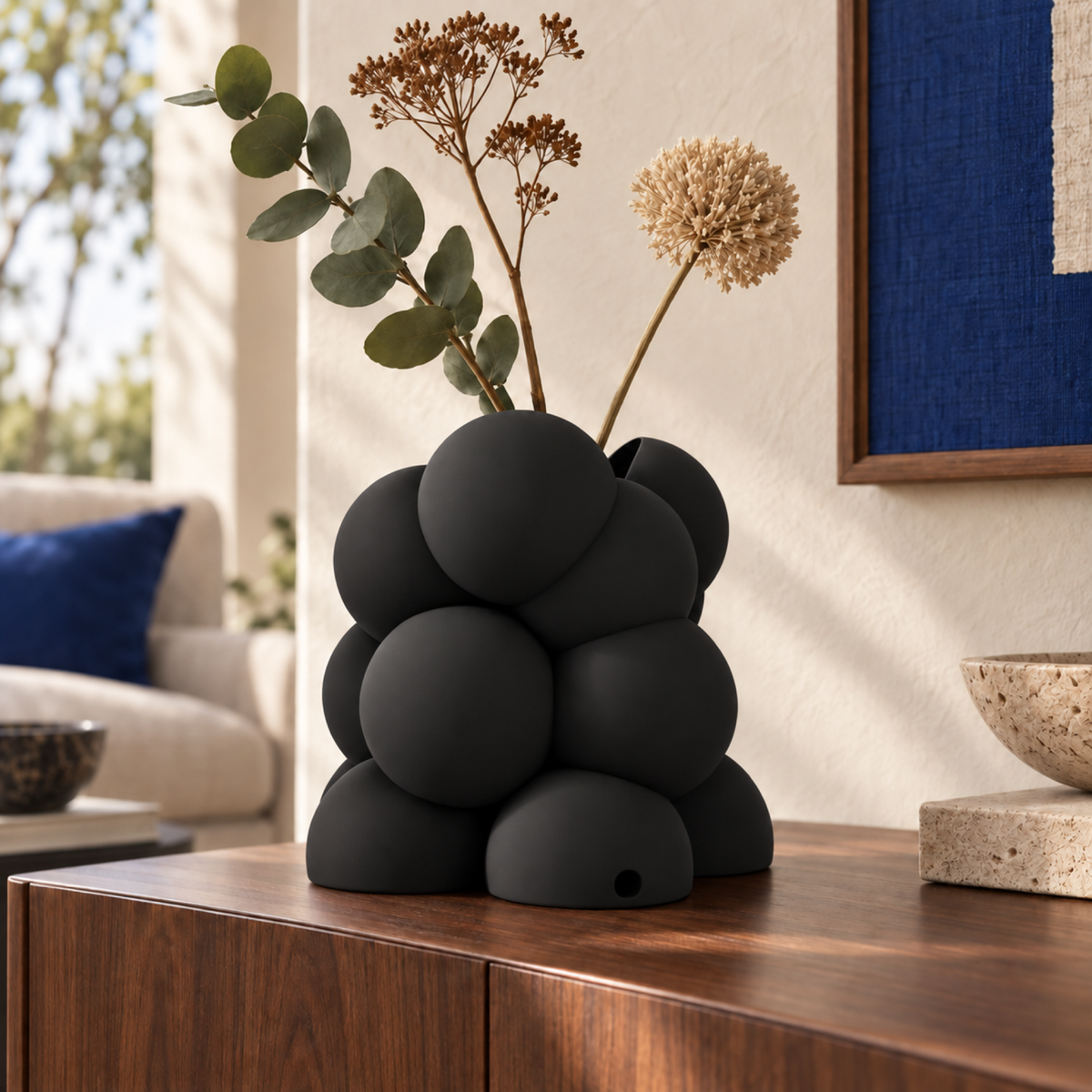 Bollare Sculptural Vase – black lifestyle walnut living room bollare sculptural vase