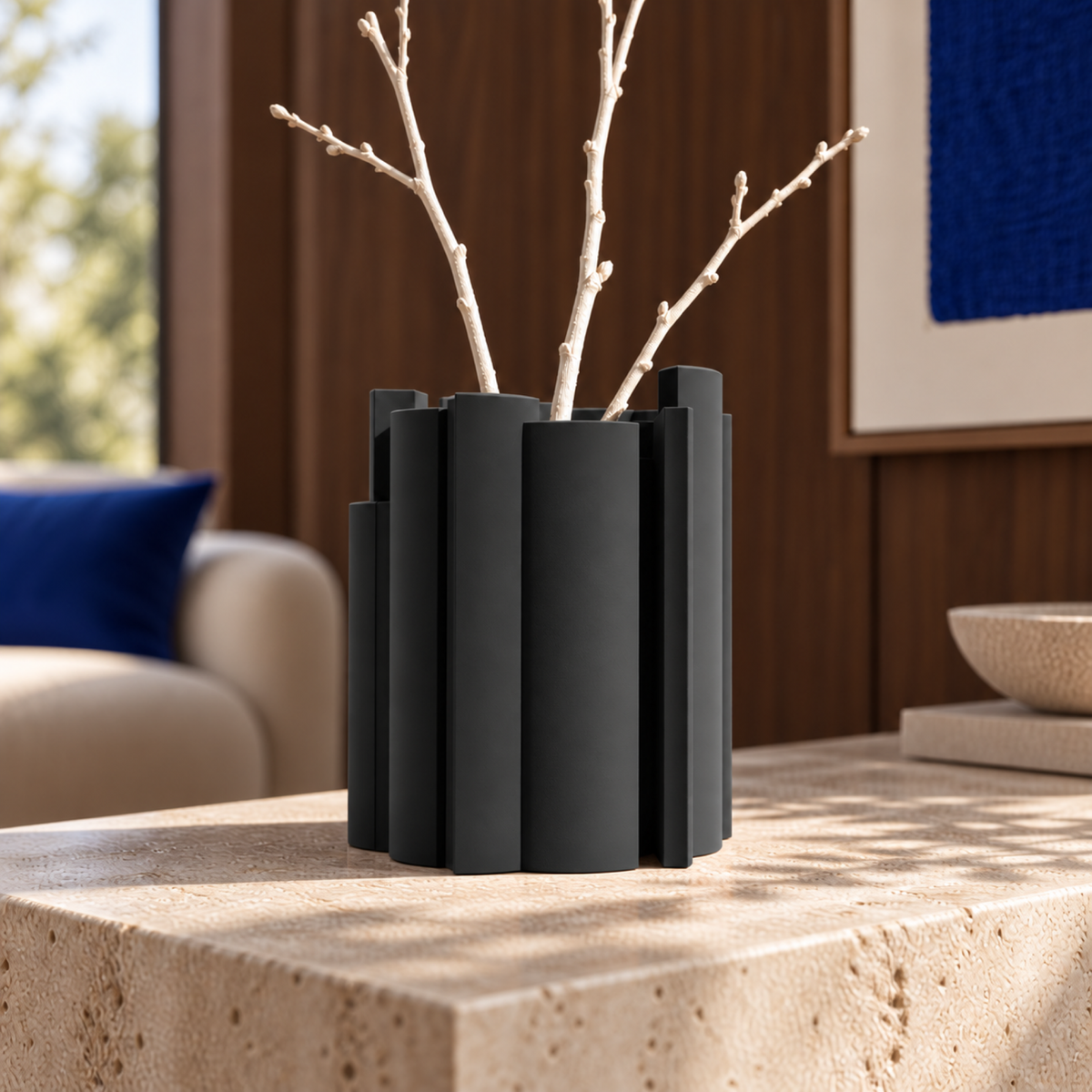 Marova Sculptural Vase – black lifestyle walnut living room marova sculptural vase