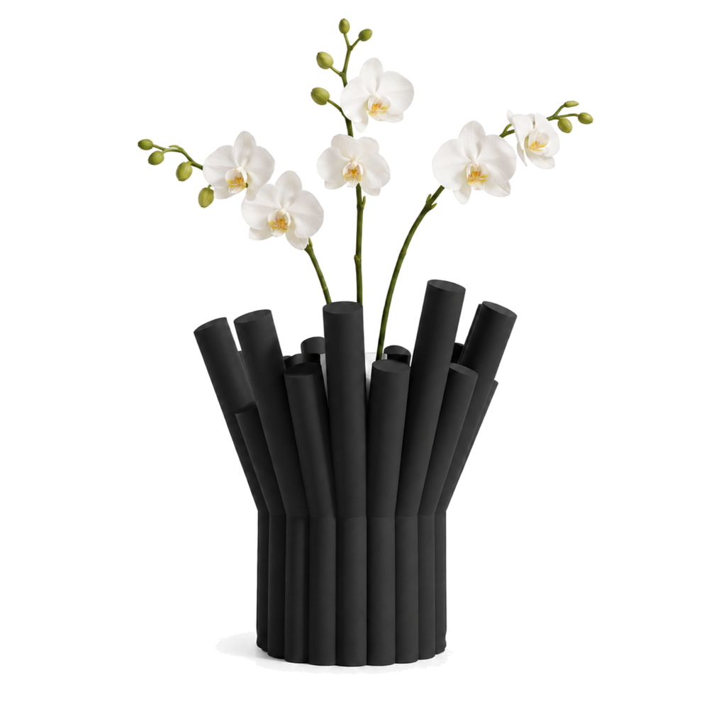 Rivolo Sculptural Vase – black styled product view rivolo sculptural vase