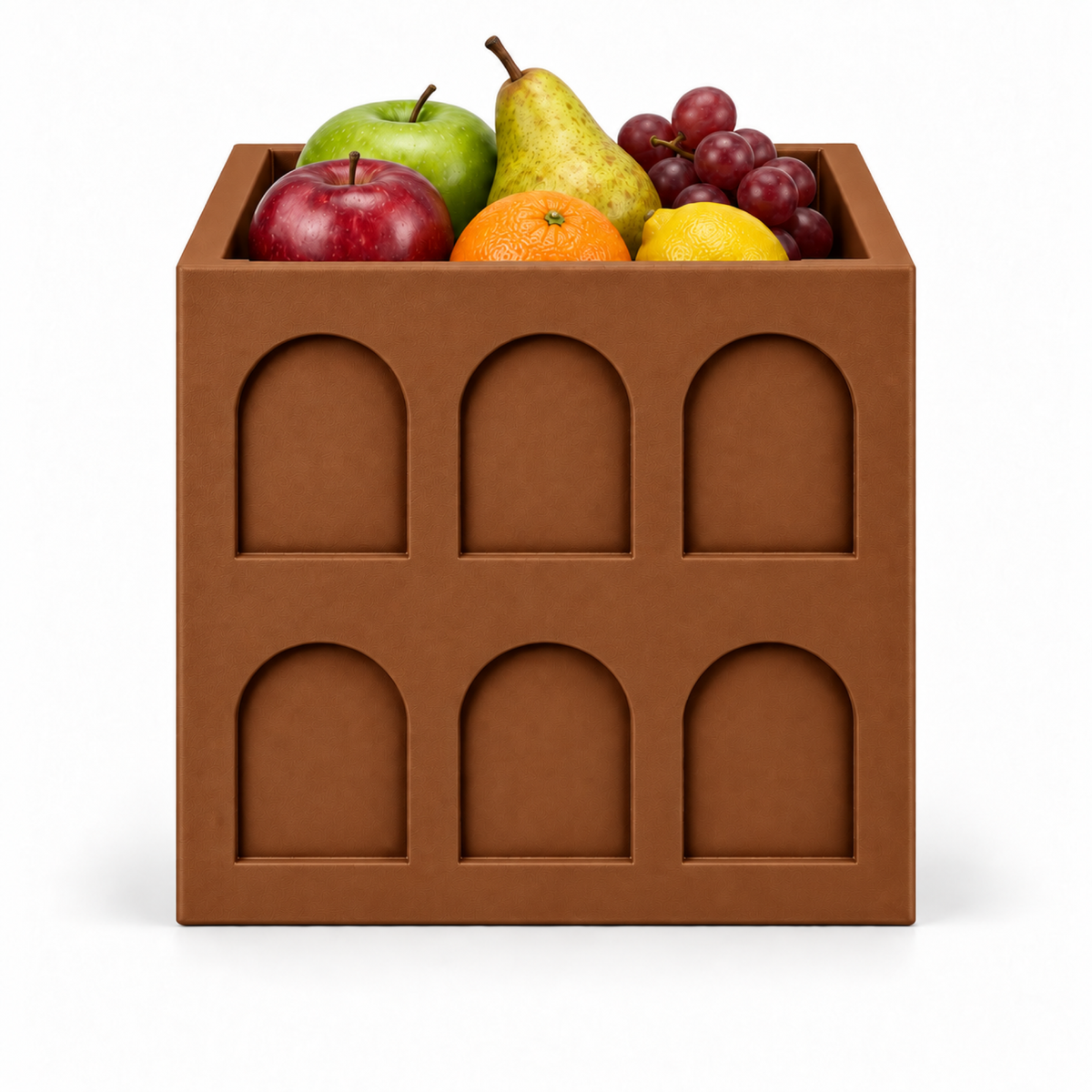 Square Colosseum Fruit Bowl – brown front with fruit square colosseum fruit bowl