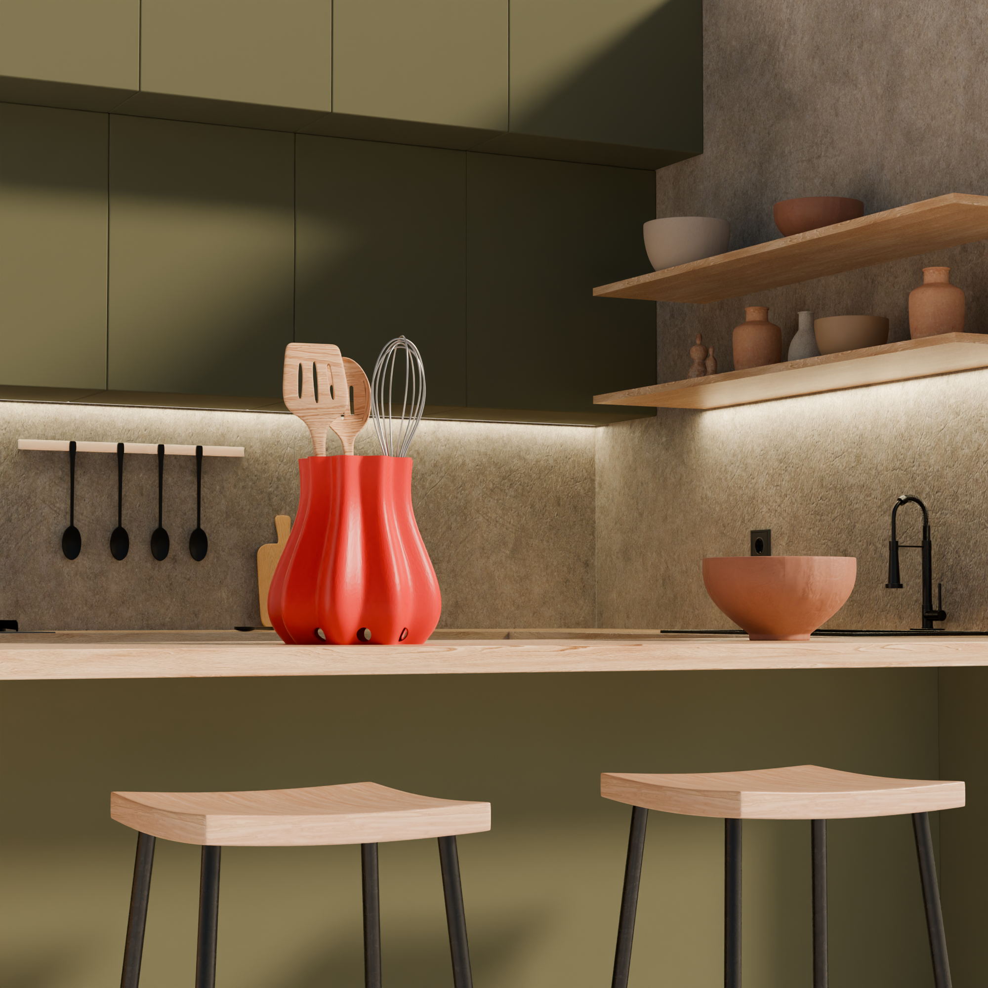 Fiastra Bulbo Kitchen Utensil Holder - Red - bulbo koraalrood sfeerbeeld keuken 2