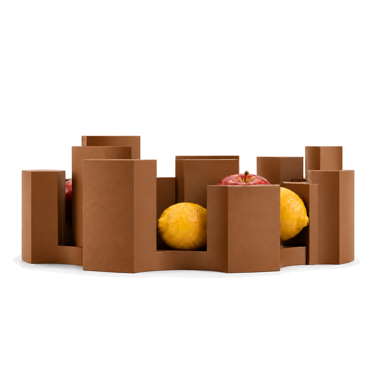 Fiastra Marova Fruit Bowl – cognac brown front view with fruit marova fruit bowl