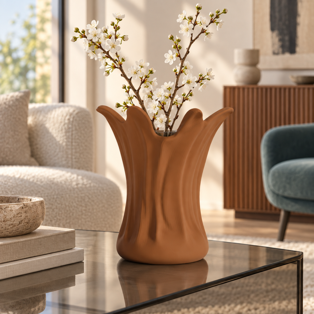 Ondara Sculptural Vase – cognac brown lifestyle glass living room ondara sculptural vase