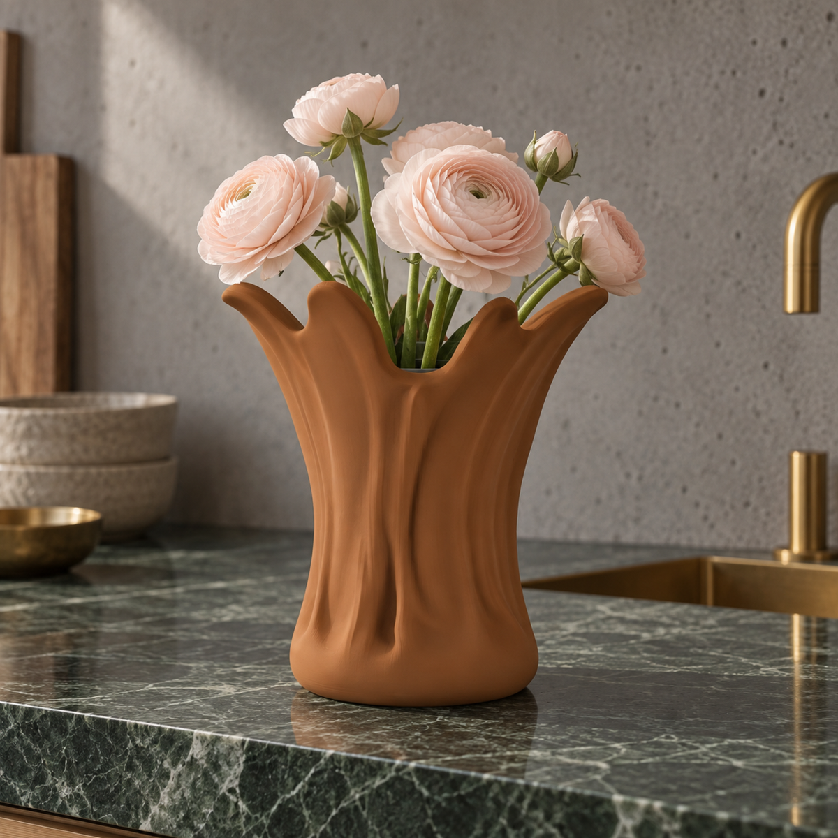 Ondara Sculptural Vase – cognac brown lifestyle green marble kitchen ondara sculptural vase
