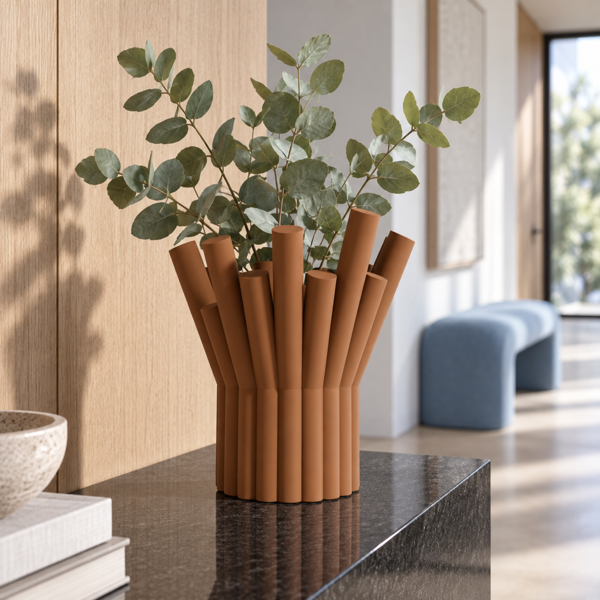 Rivolo Sculptural Vase – cognac brown lifestyle oak hallway rivolo sculptural vase