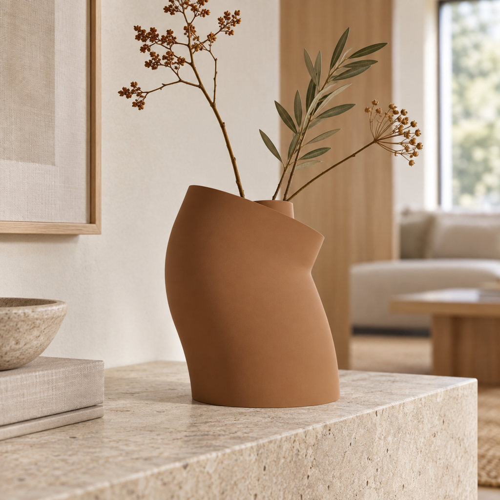 Curva Sculptural Vase – cognac brown lifestyle oak living room curva sculptural vase