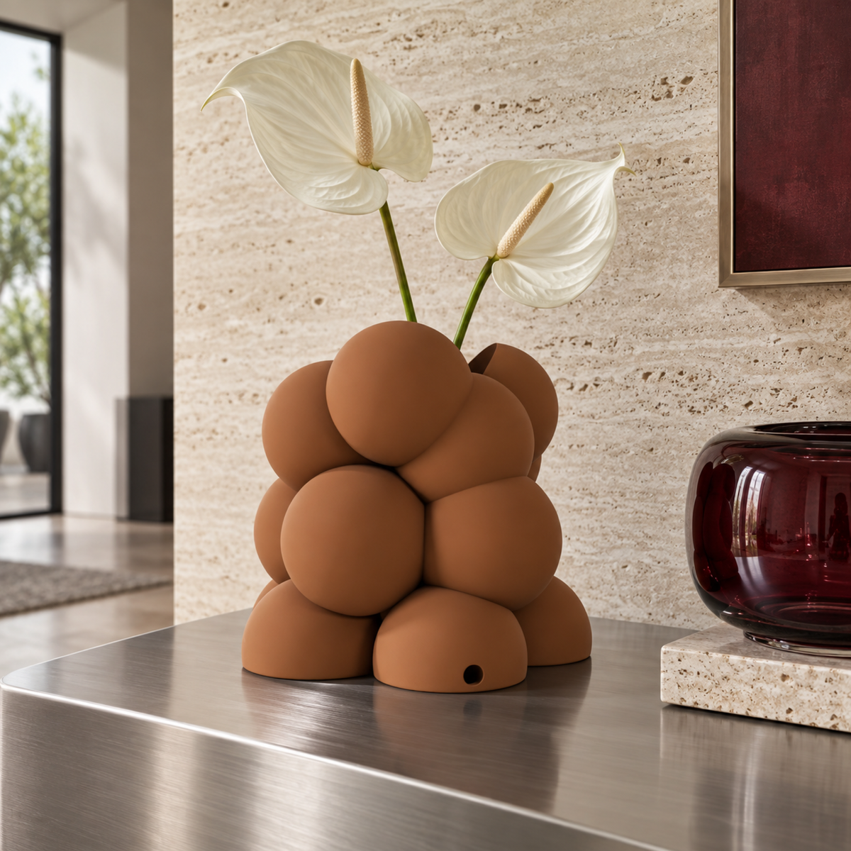 Bollare Sculptural Vase – cognac brown lifestyle steel entry bollare sculptural vase