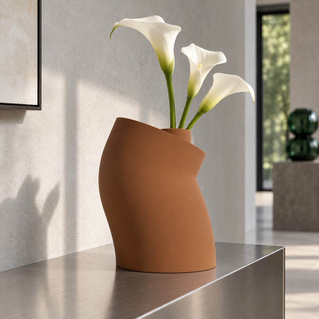 Curva Sculptural Vase – cognac brown lifestyle steel entry curva sculptural vase