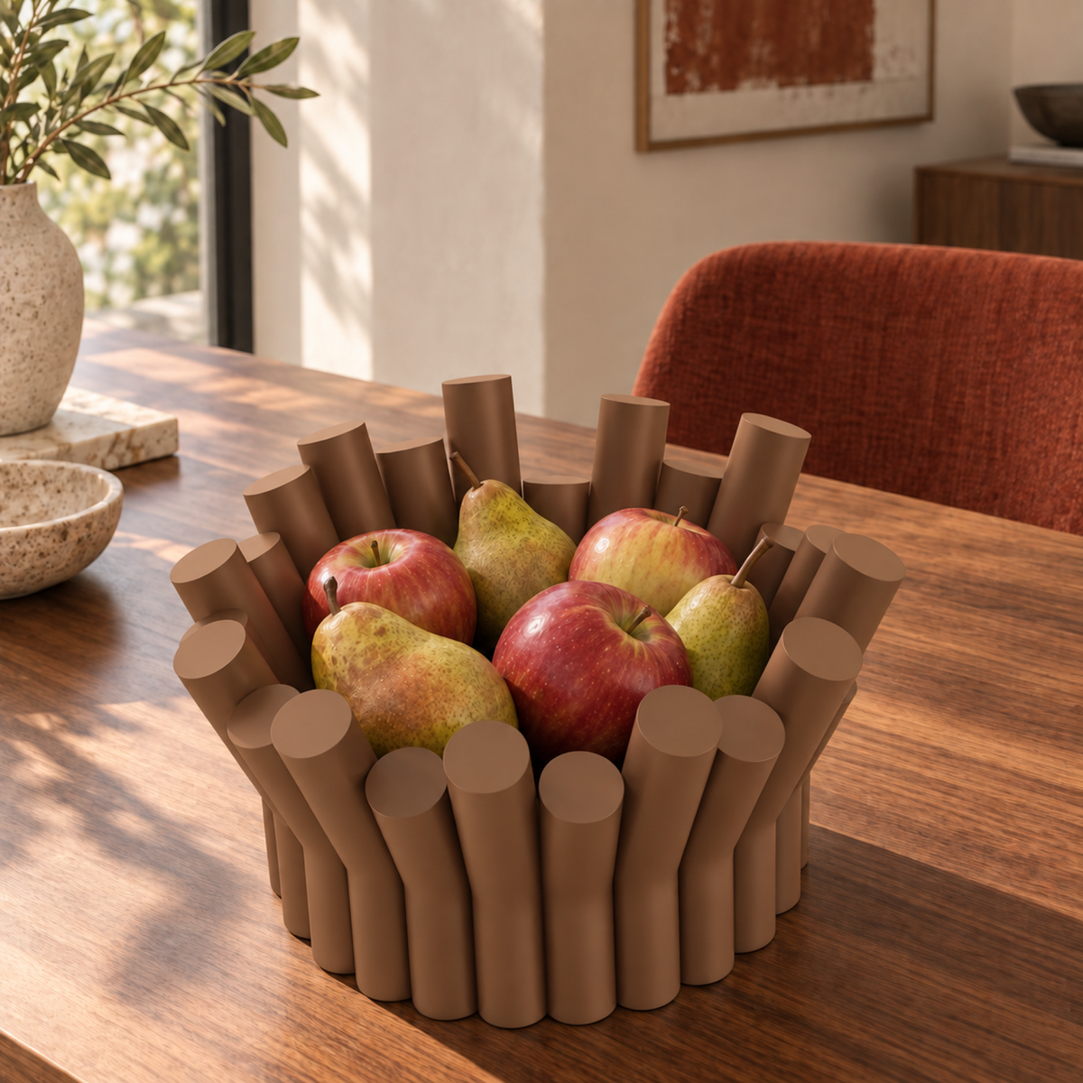 Fiastra Rivolo Fruit Bowl – cognac brown lifestyle walnut dining room fiastra rivolo fruit bowl