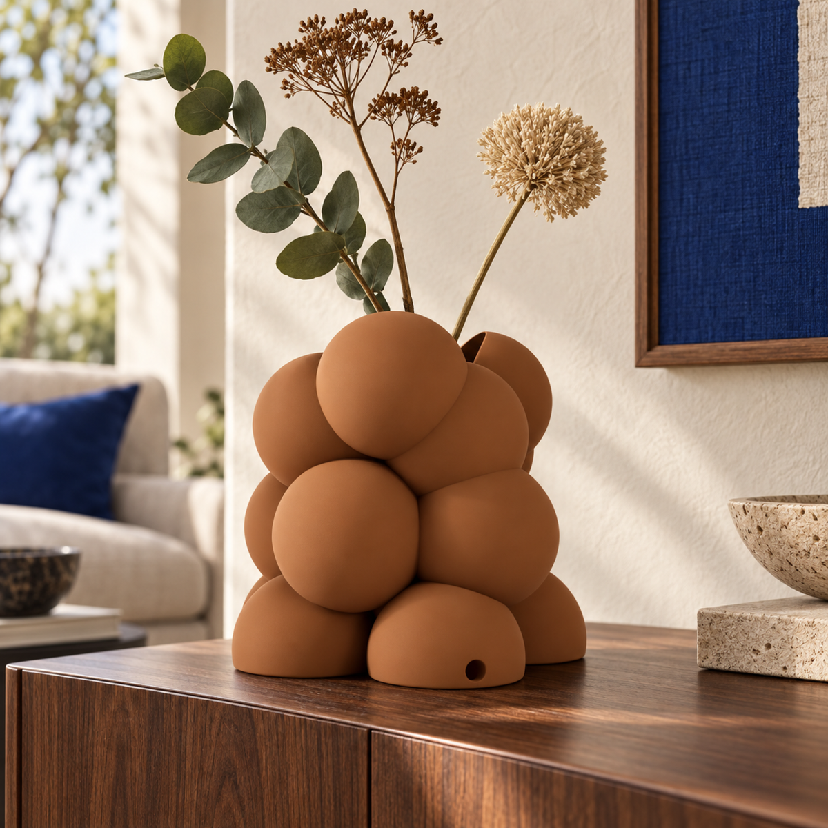 Bollare Sculptural Vase – cognac brown lifestyle walnut living room bollare sculptural vase