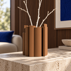 Marova Sculptural Vase – cognac brown lifestyle walnut living room marova sculptural vase