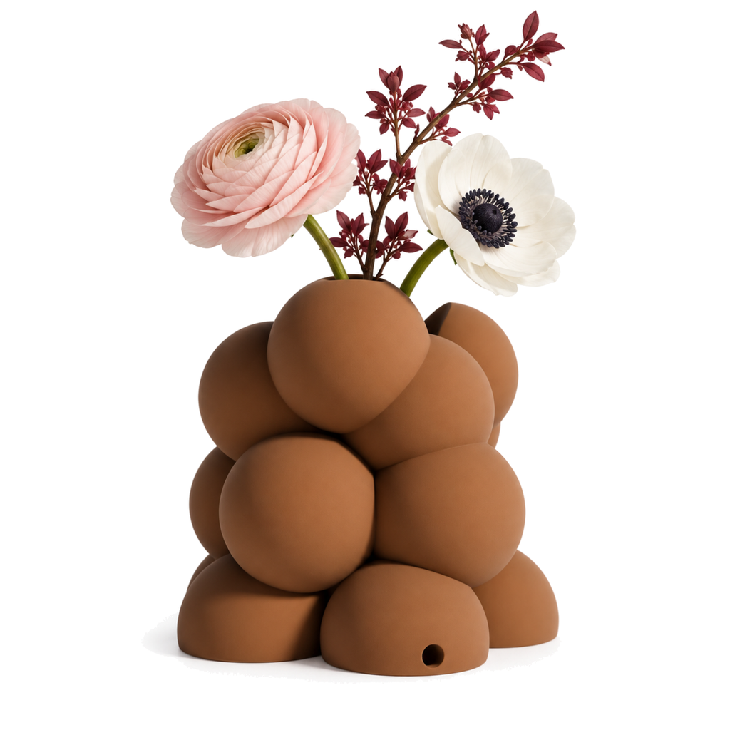 Bollare Sculptural Vase – cognac brown styled product view bollare sculptural vase