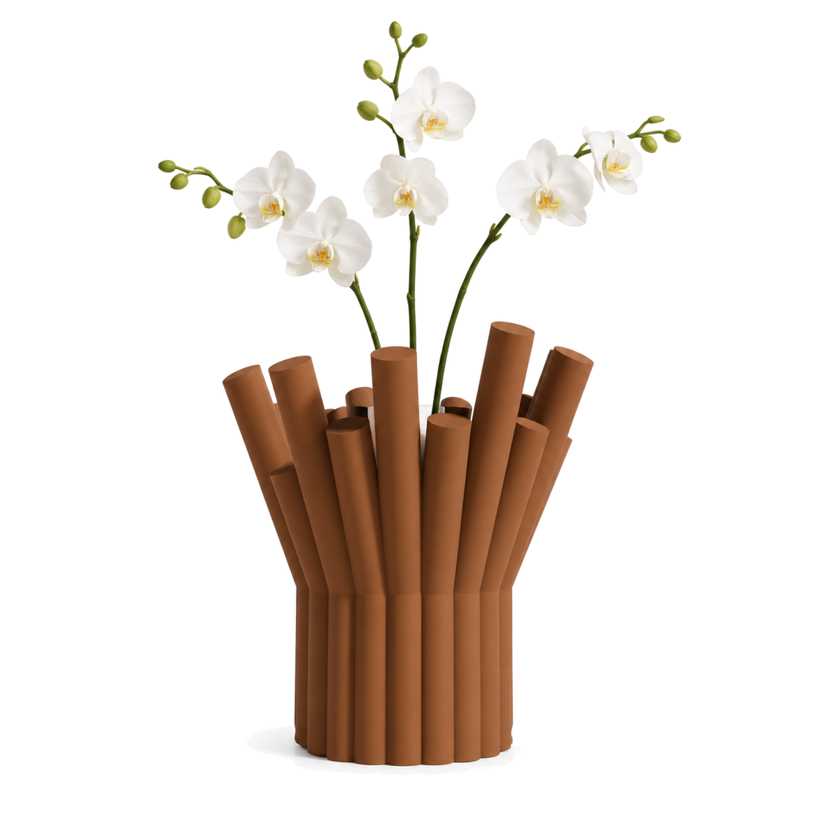 Rivolo Sculptural Vase – cognac brown styled product view rivolo sculptural vase