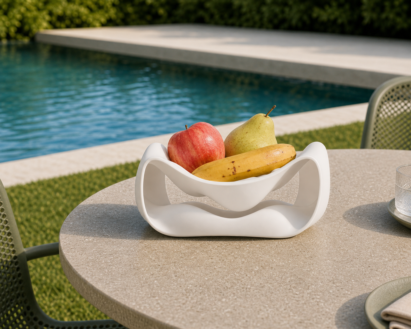 Fano modern design fruit bowl white edition - fruitschaal_wit_sfeer_zwembad_tafel_v1