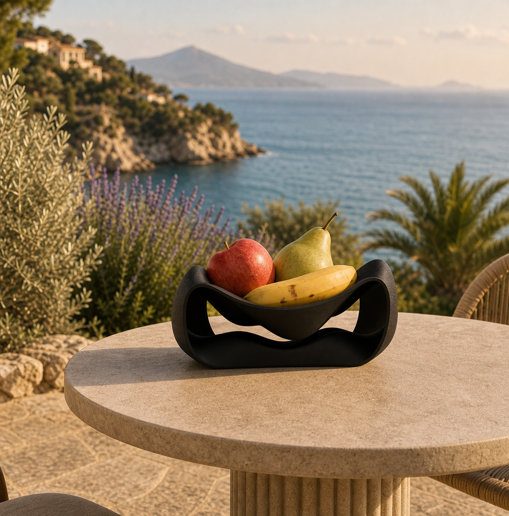 Fano modern design fruit bowl black edition - fruitschaal_zwart_sfeer_kust_ronde_tafel_v1