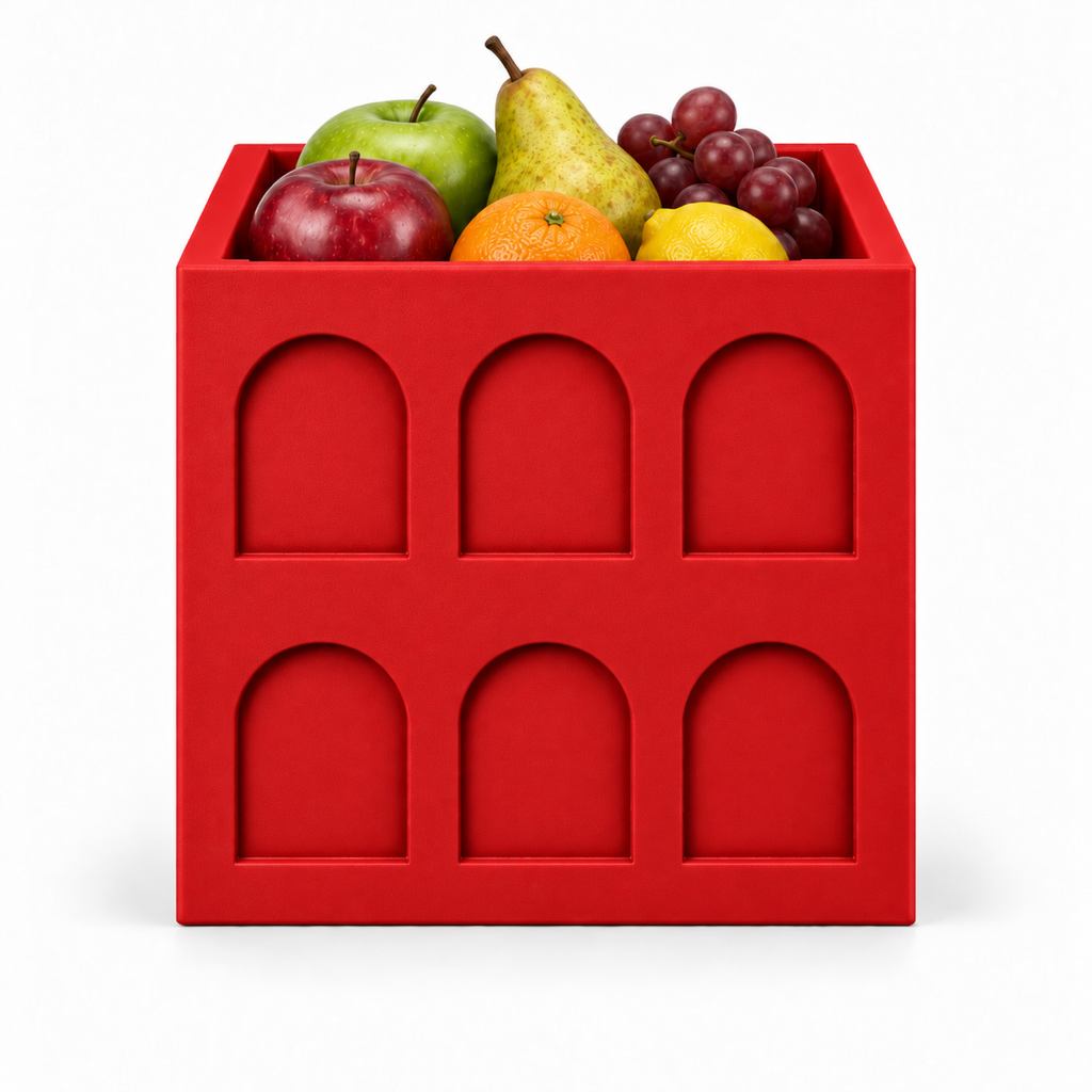 Square Colosseum Fruit Bowl – red front with fruit square colosseum fruit bowl