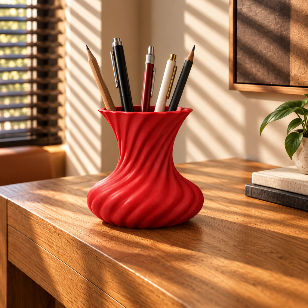 Molisara Pen Holder – red lifestyle sunlit workbench molisara pen holder