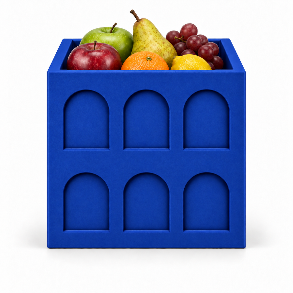 Square Colosseum Fruit Bowl – royal blue front with fruit square colosseum fruit bowl
