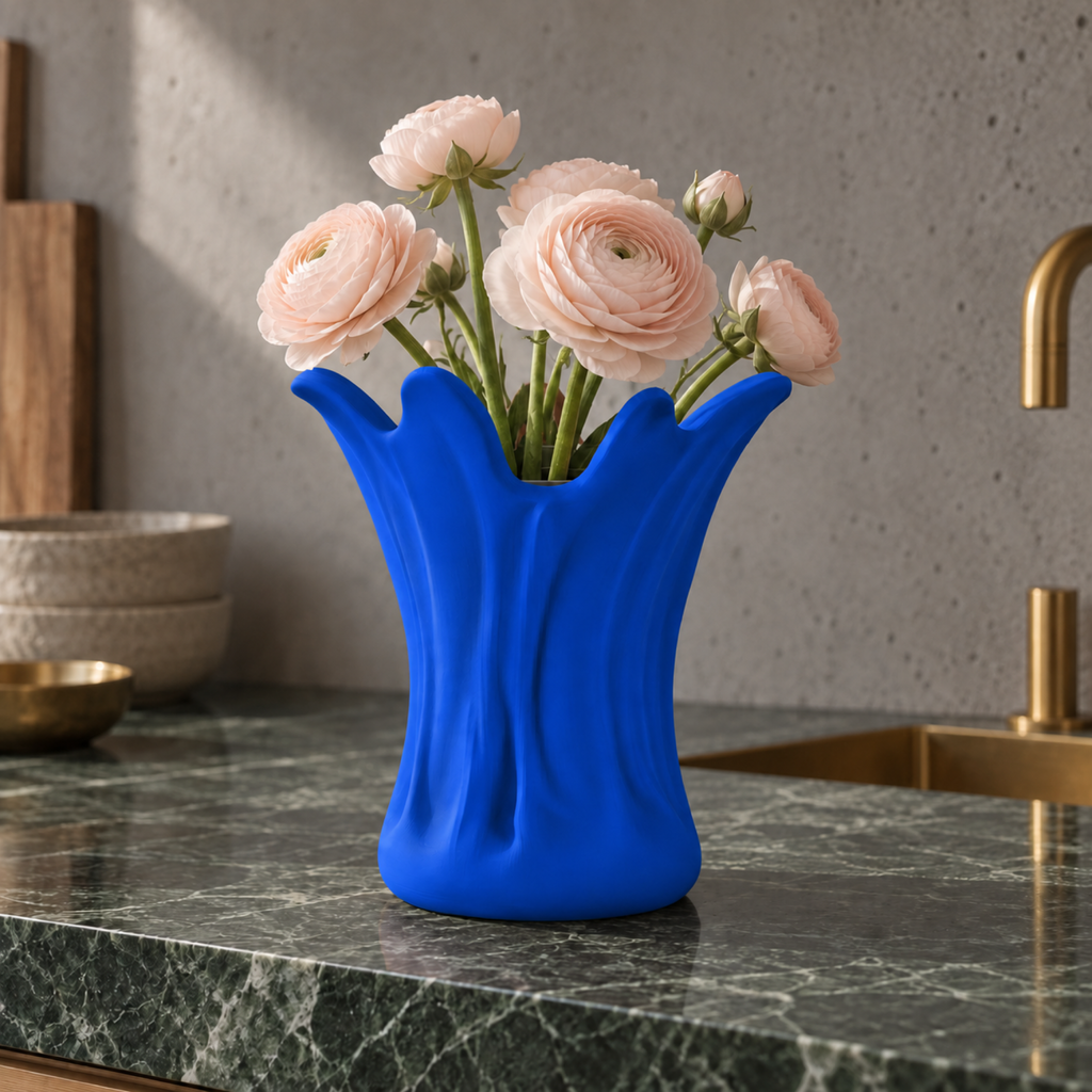 Ondara Sculptural Vase – royal blue lifestyle green marble kitchen ondara sculptural vase