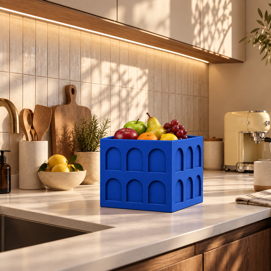 Square Colosseum Fruit Bowl – royal blue lifestyle light kitchen square colosseum fruit bowl