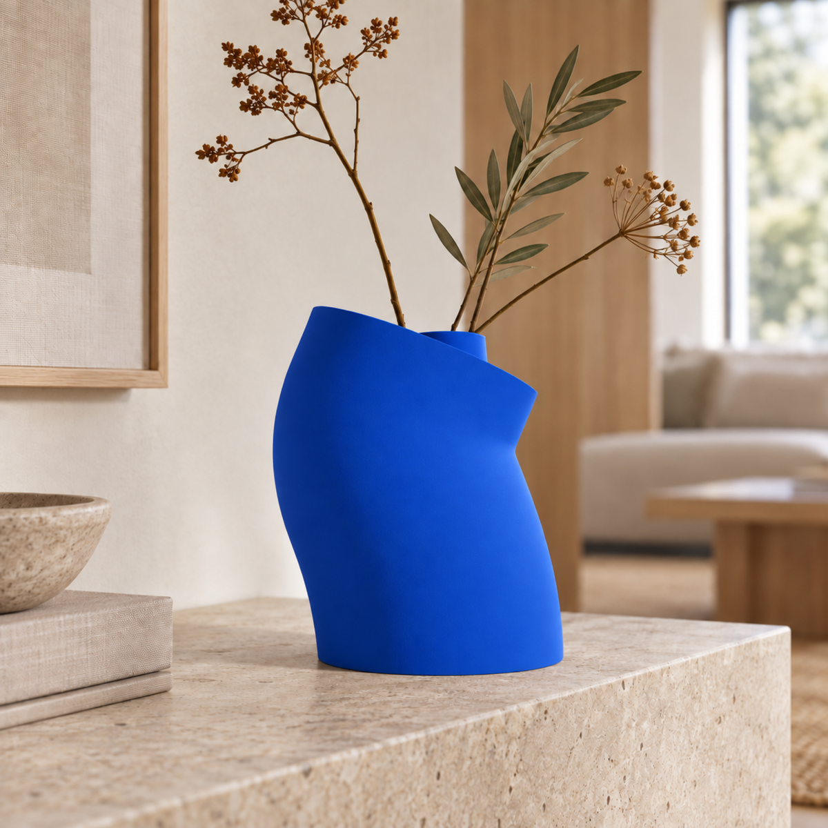 Curva Sculptural Vase – royal blue lifestyle oak living room curva sculptural vase