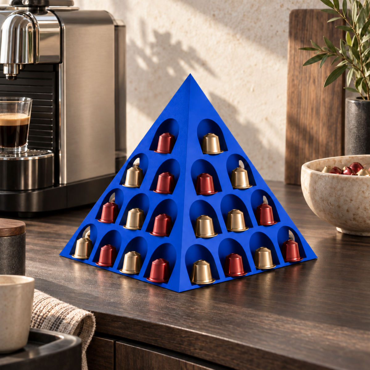 Fiastra Pyramid Nespresso Capsule Organizer – royal blue lifestyle smoked oak coffee station pyramid nespresso capsule holder