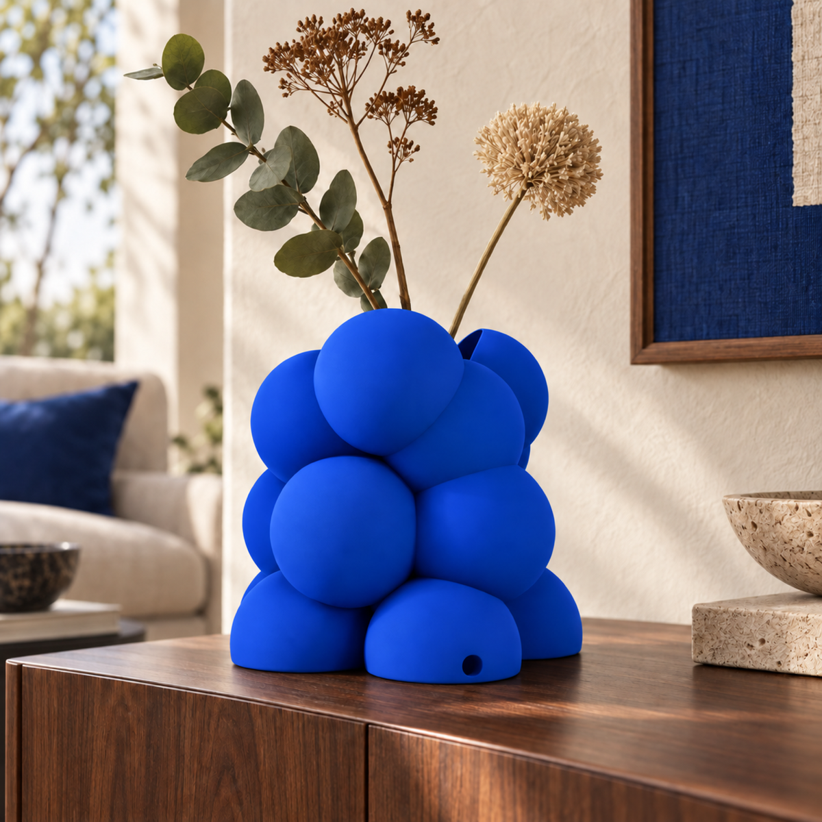 Bollare Sculptural Vase – royal blue lifestyle walnut living room bollare sculptural vase