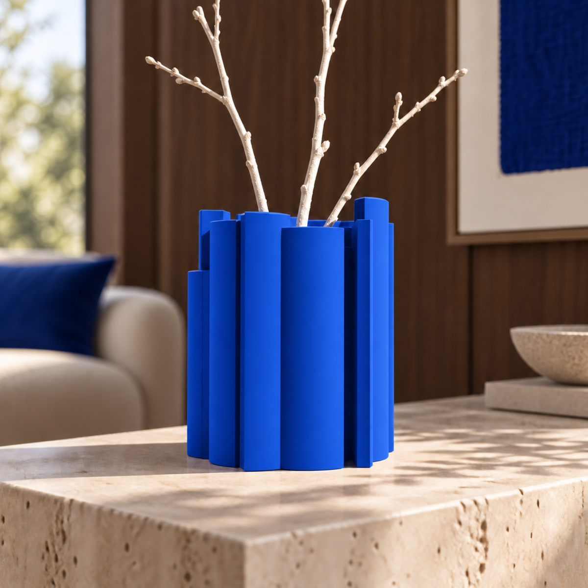 Marova Sculptural Vase – royal blue lifestyle walnut living room marova sculptural vase