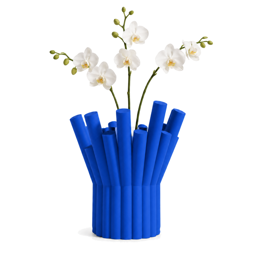 Rivolo Sculptural Vase – royal blue styled product view rivolo sculptural vase