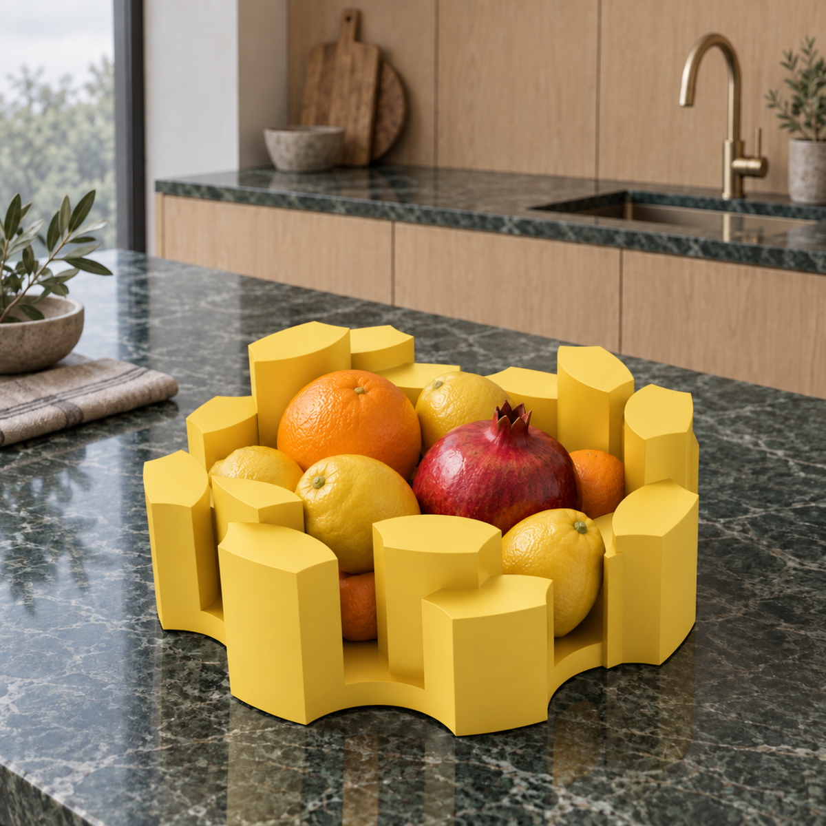 Fiastra Marova Fruit Bowl – yellow lifestyle green marble kitchen marova fruit bowl