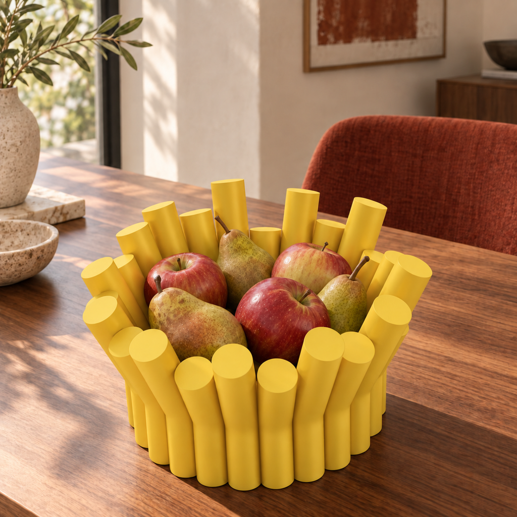 Fiastra Rivolo Fruit Bowl – yellow lifestyle walnut dining room fiastra rivolo fruit bowl