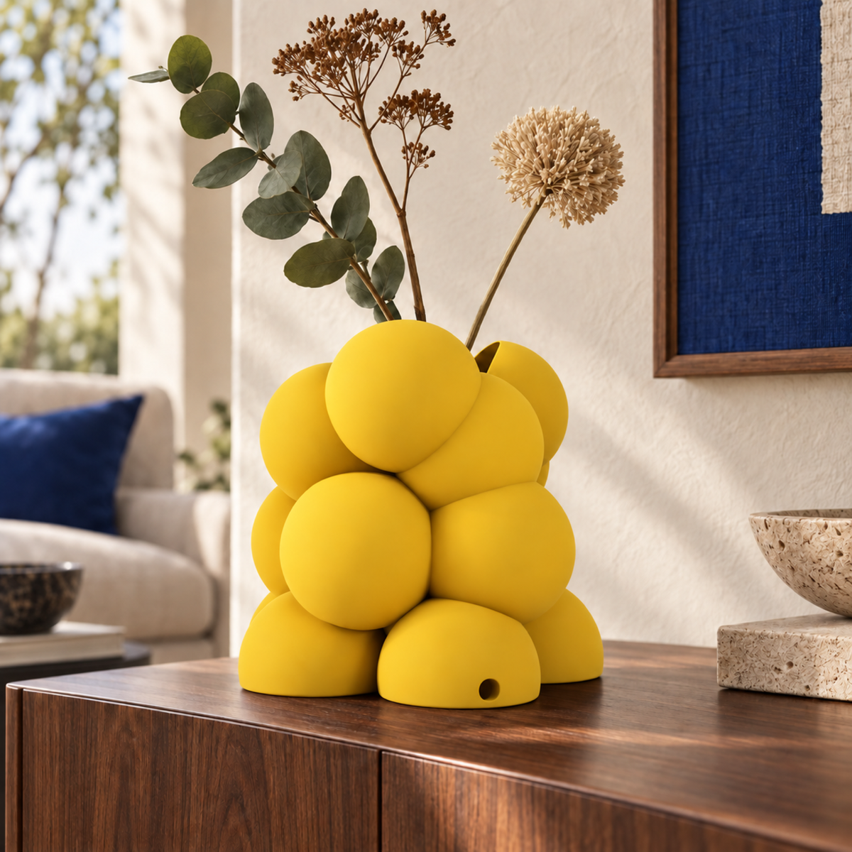 Bollare Sculptural Vase – yellow lifestyle walnut living room bollare sculptural vase