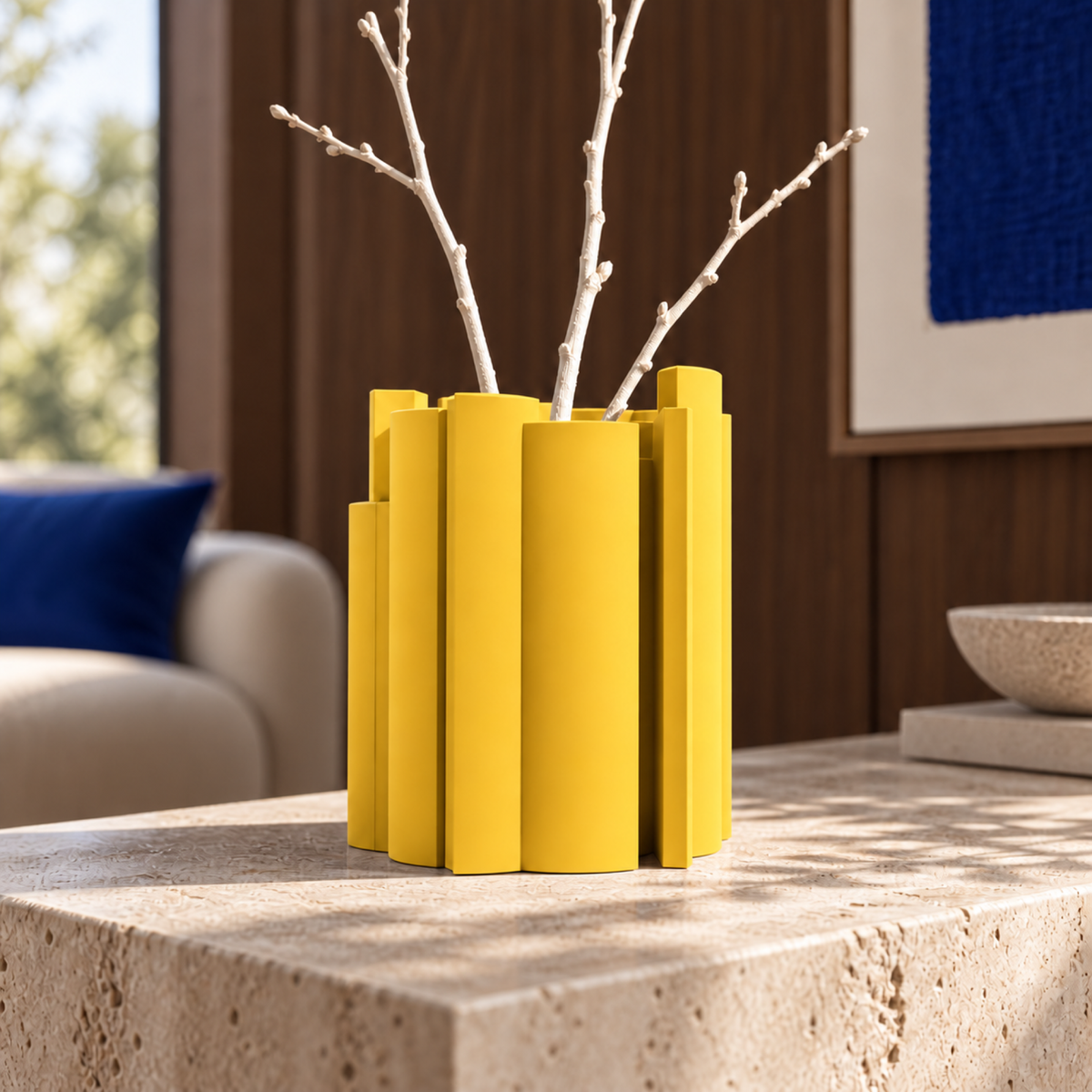 Marova Sculptural Vase – yellow lifestyle walnut living room marova sculptural vase