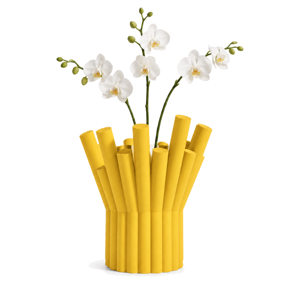 Rivolo Sculptural Vase – yellow styled product view rivolo sculptural vase
